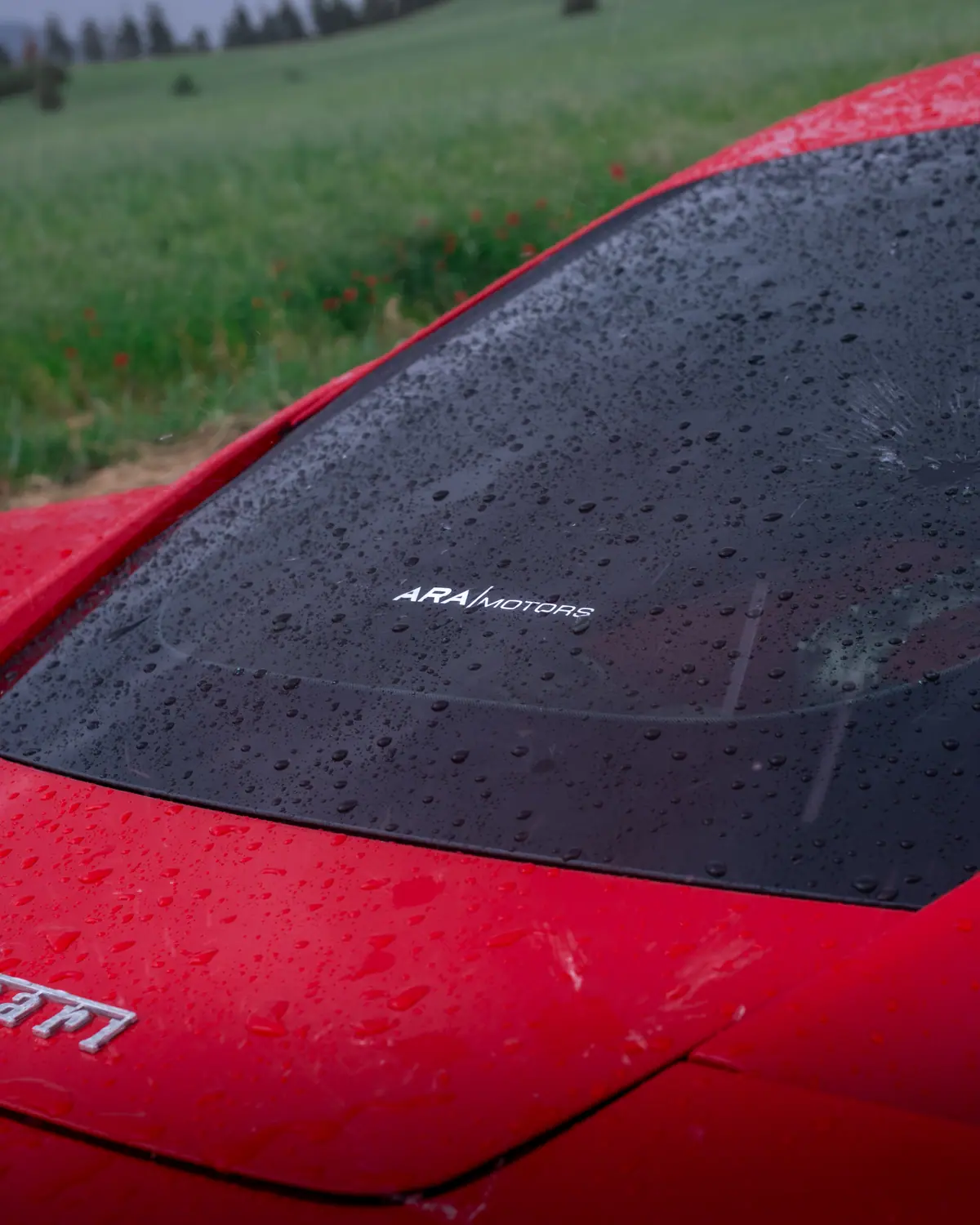 Ara Motors logo and Ferrari windshield detail